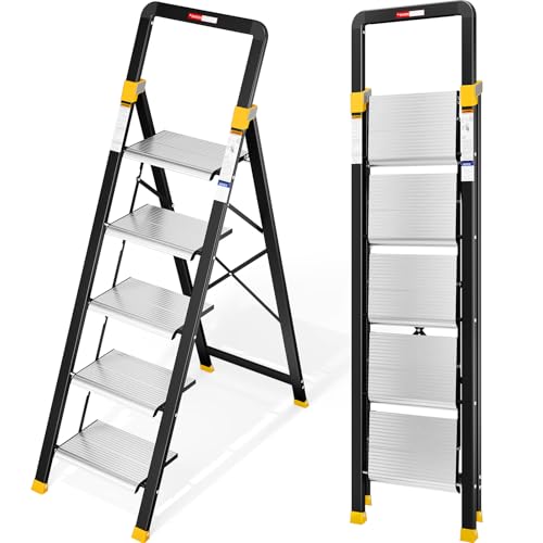KINGRACK 5 Folding Step Ladder for Home & Kitchen, Aluminum Pedals, Silver