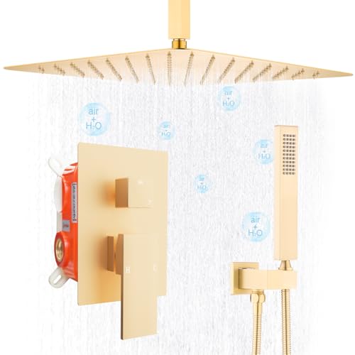 Brushed Gold Concealed Shower Mixer Set, 16 Inch Rainfall Shower Head with Handheld Spray, 2 Way Shower System with Rough-in Valve, High Pressure Ceiling Mounted Shower Set