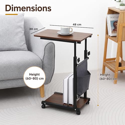 Image of ANT ESPORTS BRAVO CD500 (WALNUT) Adjustable Laptop Table with Wheels & Storage Pocket, 48x30cm Wooden Top,Height Adjustable 60-80cm Rolling Side Desk for Bed, Sofa, Study, Home Office & Work From Home