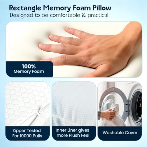 Image of Rectangle Orthopedic Memory Foam Contour Pillow for Neck, Shoulder & Cervical Pain Relief | Ergonomic Neck Support for Back, Side Sleepers | Washable Cotton Cover - White, 40 x 60 x 10 CM
