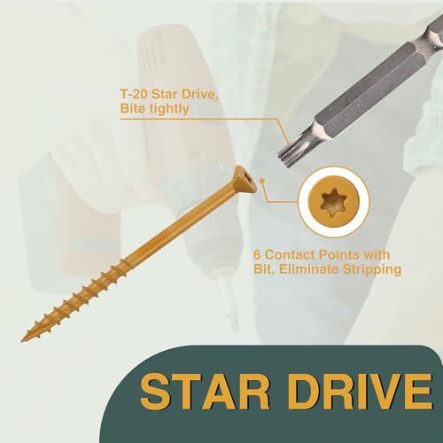 Image of T.K.Excellent Deck Screws 2 Inch Wood Screws #8 x 2, 630 Pcs, Rust Resistant Structural Screws Tan Exterior Fence Screws Torx Drive Screws, Two T20 Bits, Brilliant Yellow Ruspert Coating Rust Proof