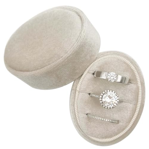 Beatilog Velvet Oval Ring Box 3 Slots - Premium Wedding Three Rings Box Holder Vintage Handmade Storage Jewelry Organizer for Proposal, Engagement, Wedding Ceremony, Christmas (Beige)