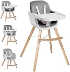 Chaises hautes pour bébés et tout-petits,3 en 1 Chaise haute convertible en bois, Chaise haute bébé avec jambes réglables,5 harnais pointu, repose-pieds, lave-vaisselle et coffre-fort & PU cuir Coussin, Gris