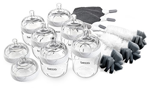 Image of Baby Brezza Premium Baby Bottle Starter Gift Set - Pack of 6 Bottles and 8 Nipples Plus Bottle Brush and Cleaning Cloths - Kit is Great for Newborns and Infants - Bulk Baby Feeding Bottle Set
