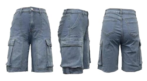 Jean Shorts Womens High Waisted Cargo Y2k Jeans Short with Pockets Plus Size Distressed Stretch Shorts Blue