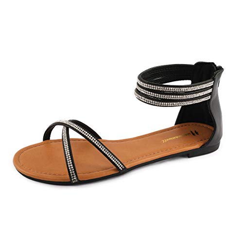 Women s Rhinestones Flat Sandals Ankle Strap Sandals Strappy Sandals Comfort Open Toe Gladiator Flat Sandals (9, Black)