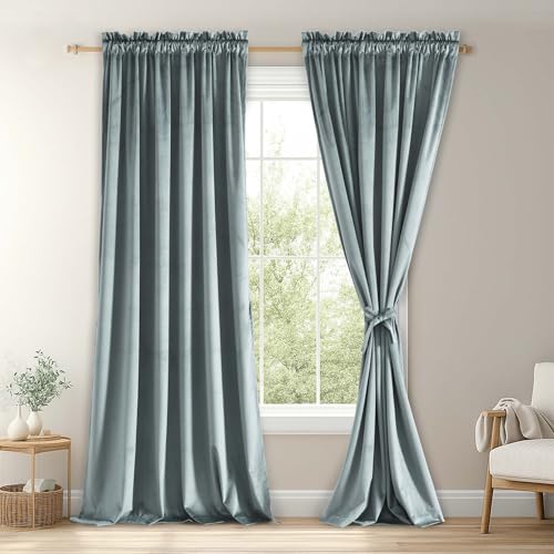 JIUZHEN Stone Blue Velvet Curtains 96 inch Length for Living Room Luxury Noise Reducing Rod Pocket Room Darkening Window Drapes for Bedroom Dining Room, 2 Panels, W52 x L96 inches
