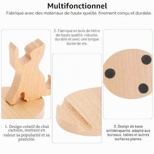 VQBKHO Support pour téléphone portable en bois en forme de chat, support pour table, inclinaison optimale, autocollant panda inclus – vue 3