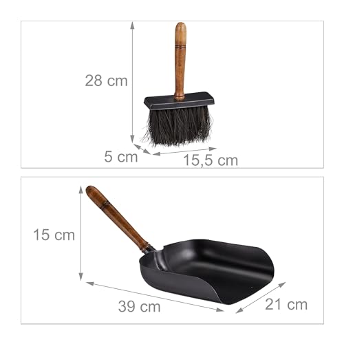 Relaxdays Kehrgarnitur für Kaminofen, Kehrblech & Handfeger, Eisen und Holzgriff, Juteborsten, Kaminset, schwarz/braun