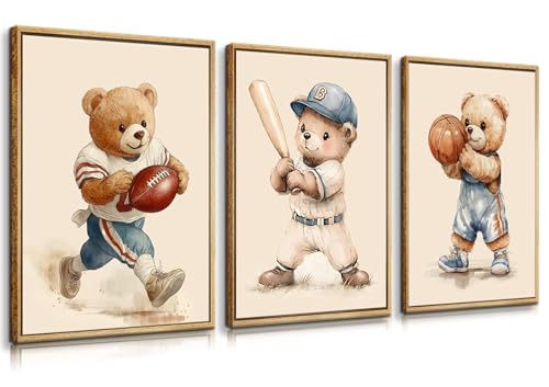 3 Pcs Nursery Bear Wall Art Boys Sports Canvas Wall