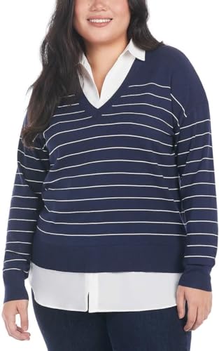 Image of Hilary Radley Women's V-Neck Pullover 2-Fer Sweater (US, Alpha, Medium, Regular, Regular, Blue)