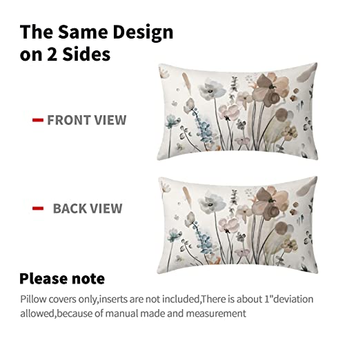 Watercolor Floral Pillow Covers 12X20 In Brown Cream Grey Teal Flower Lumbar Pillow Cases Rustic Abstract Modern Recgantle Throw Pillows Set Of 2 Summer Home Decor For Room Bedroom Bed Cushion #TOP3
