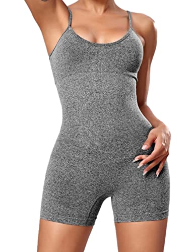 SEASUM Women's Seamless Spaghetti Strap Tummy Control Jumpsuit Padded Sports Bra Romper One Piece Summer Outfits Shorts Jumpsuits Grey S