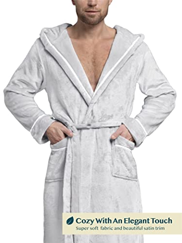 Pavilia Mens Robe, Hooded Soft Robe For Men, Warm Bathrobe With Hood For Bath Shower Spa With Shawl Collar, Pockets, Satin Trim, Plush Fleece - Light Gray #TOP6