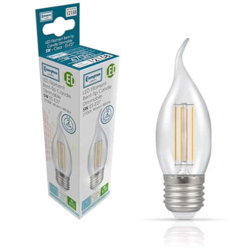 Crompton Lamps Bent-Tip Candle LED Light Bulb ES-E27 | 5W = 40W Incandescent | Warm White 2700K | Flame Tip | Edison Screw Lightbulb | Long Life 10,000-Hrs | Clear Glass | Dimmable