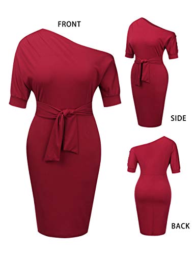 Image of Nature Comfy Elegant Womens Wear to Work One Shoulder Belted Pencil Dress