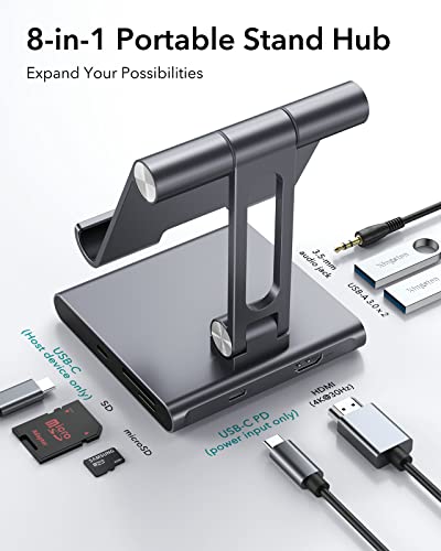 Image of ESR 8-in-1 Portable Stand Hub, USB C Hub with Adjustable Stand, 100W PD Charging, 2 USB 3.0 Ports, 4K HDMI, 3.5-mm Jack, SD /microSD Card Slots, Compatible with iPad 10, iPad Pro, and Other USB-C iPads