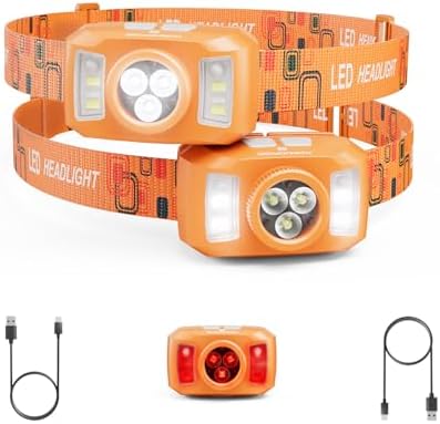 Upgraded Headlamp Rechargeable, Ultra Bright Headlight Flashlight with White Red Light, Motion Sensor Head Lights for Forehead, 6 Modes Head Lamp for Outdoor Camping Running Waterproof (2, Orange)