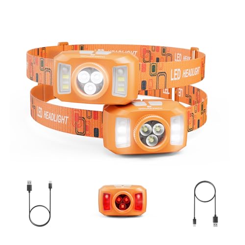 Upgraded Headlamp Rechargeable, Ultra Bright Headlight Flashlight with White Red Light, Motion Sensor Head Lights for Forehead, 6 Modes Head Lamp for Outdoor Camping Running Waterproof (2, Orange)