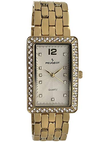 Peugeot Women's Tank Shape 14K Gold Plated Wrist Watch with Analog Link Bracelet with Crystal Bezel