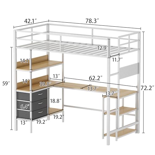 Loft Bed with Desk, Metal Loft Bed Twin Size with LED Lights and Charging Station, 6 Storage Shelves and 3 Fabric Drawers, Modern Bunk Bed with Desk for Teens and Adults, No Box Spring Needed (White)