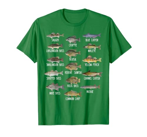 Types of Freshwater Fish Species Biology Fishing T-Shirt, Men, Kelly Green, Medium