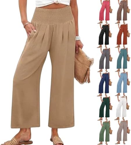 hayudier Cotton Linen Pants Women Wide Leg High Waist Cropped Lightweight Palazzo Trouser Summer Vacation Casual Beach Pants