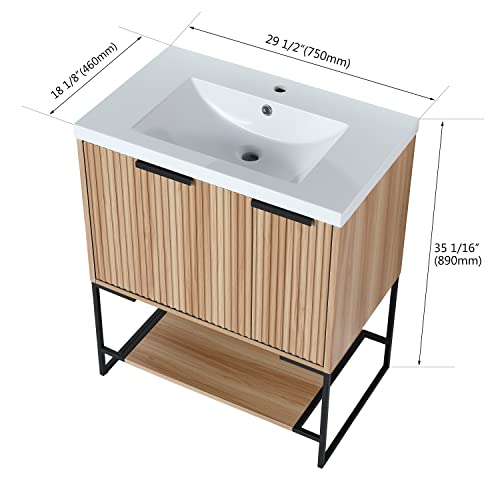 30 Inch Bathroom Sink Vanity With 1 Door And 1 Drawer And 1 Open Storage Shelf, Bathroom Vanity Cabinet Set With White Resin Basin Sink, Modern Freestanding Bathroom Vanity And Sink Combo Set, Maple #TOP1