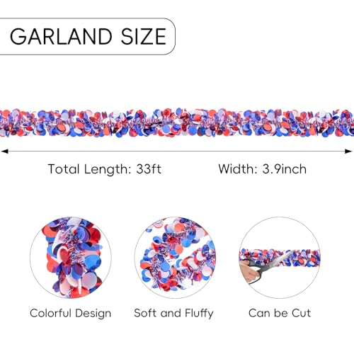 Image of 33FT 4th of July Patriotic Tinsel Garland Red White Blue Glitter Metallic Twist Foil Tinsel Garland for Independence Day Memorial Day Party Door Tree Indoor Outdoor Decoration