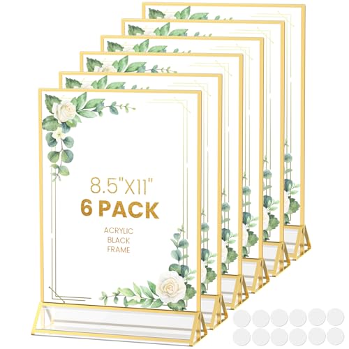 Acrylic Sign Holder 8.5X11 Gold Frames Double-Sided Gold Picture Frames for Menu Holder Wedding Table Numbers Display Stand with Removable Sticky Dots -6 Pack