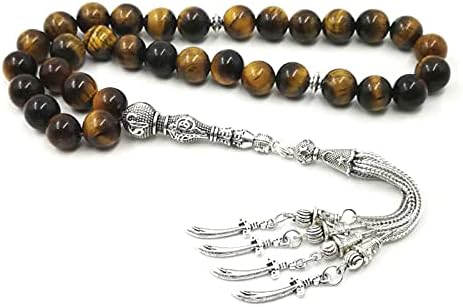 Man's Tasbih Natural Tiger Eyes with Special Metal Tassels Rosary Islam Prayer Beads 33 66 99 Beads Latest Style (8mm, 99 Beads)