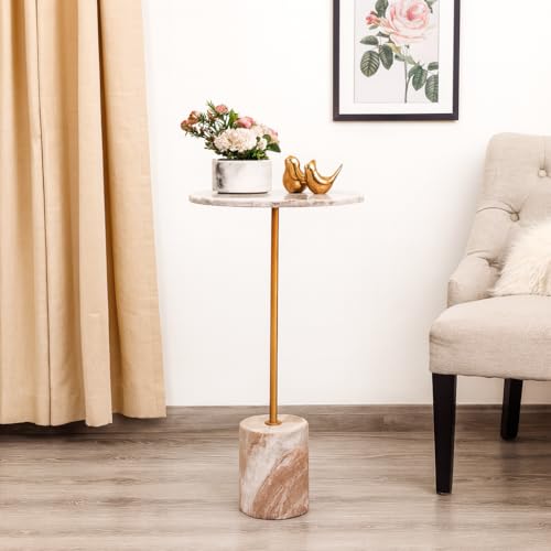 Image of Little eXtra Iron Savar Marble Side Table with Pillar Base, Sofa Side Table for Living Room, Corner Table for Bedroom, Bedside Table 35.5 x 35.5 x 65.50 cm (Beige)