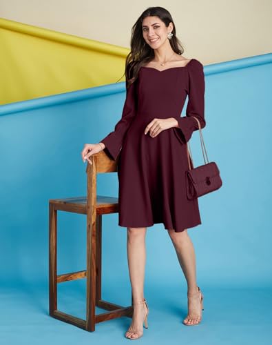Image of SIRIL Women's Full Sleeve Polyester Solid Fit & Flare Dress, One Piece Dress for Women