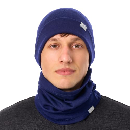 100% Merino Wool Beanie Neck Gaiter Combo, Unisex 17.5um 4 Season Soft Hat (Deep Navy)