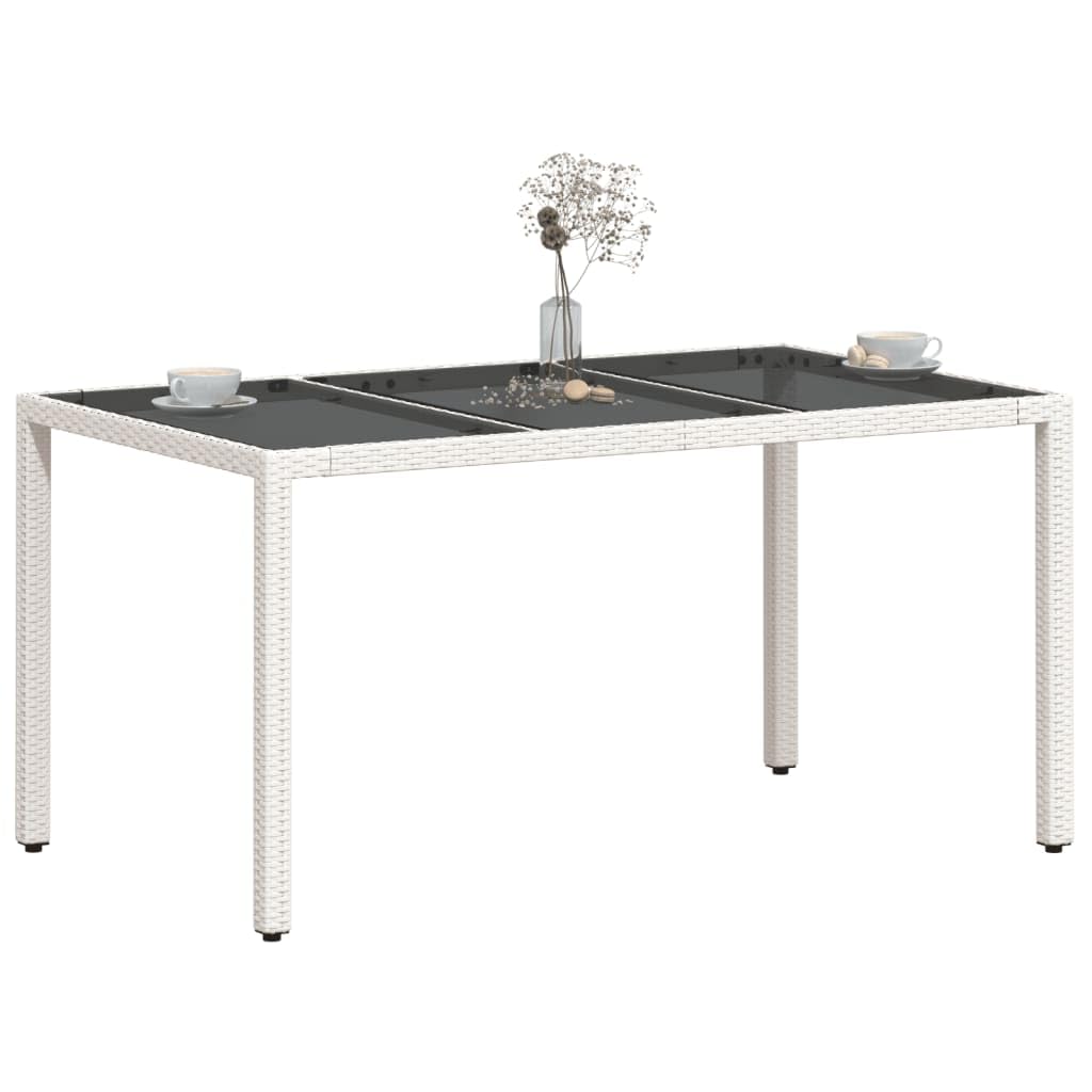 Stół ogrodowy ze szklanym blatem w kolorze białym, 150 x 90 x 75 cm, z polirattanu, odporny na warunki atmosferyczne, odporny na promieniowanie UV, stabilna rama stalowa, idealny na taras, do