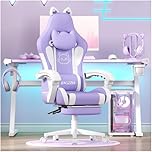 bigzzia Gaming Chair Cute with Cat Ears and Massage Lumbar Support, Ergonomic Computer Chair for Girl with Footrest and Headrest (Purple)