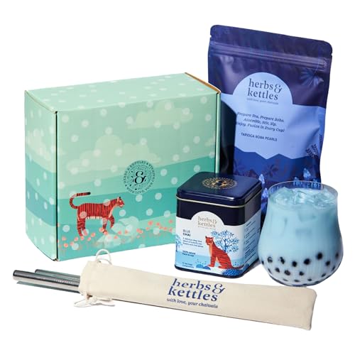Image of Herbs & Kettles Blue Chai Boba Kit | Butterfly Pea Flower Chai with Ginger, Cardamom, Cloves & Cinnamon + Chewy Tapioca Pearls | Complete DIY Caffeine-Free Bubble Tea Kit with Reusable Straws |