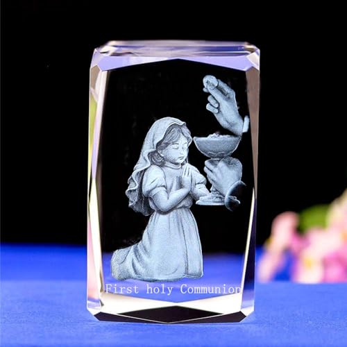 Duosuny 3D Laser Crystal First Communion Gifts for Girls, 3D Engraving Crystal Praying Girl Figurine First 1st Communion Veil Decoration, Baptism Gifts for Girls Catholic