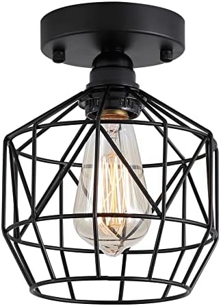 Q&S Black Semi Flush Mount Ceiling Light Industrial Vintage Retro Cage RV Small Ceiling Light Fixture for Hallway Closet Kitchen Stairway Bedroom