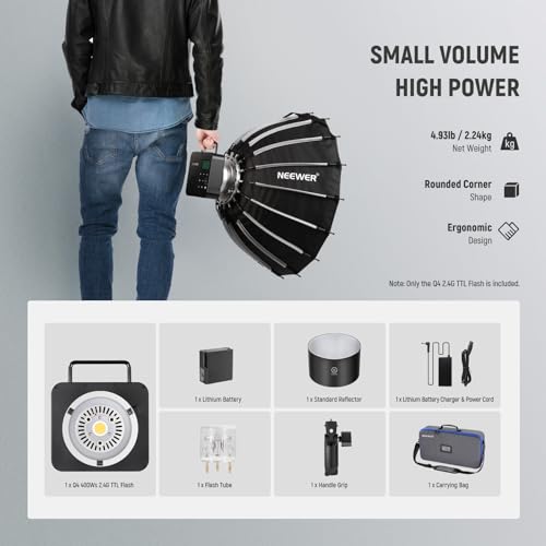 NEEWER Q4 400Ws 2.4G TTL Studio Flash [New Look] 1/8000 HSS 2800mAh Battery Powered Outdoor Strobe Photography Monolight with Carrying Bag, 30W Modeling Lamp/400 Full Power Flash/0.01-1.2s Recycling