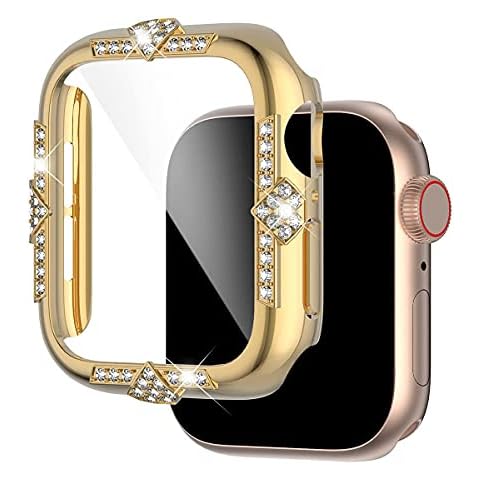 Falandi Hard Case Compatible with Apple Watch Case Series SE 6/5/4 40mm Rhinestones with Built-in Glass Screen Protector Diamond iWatch Face Cover Smart Watch Case for Women Girl, 44mm Gold Cover