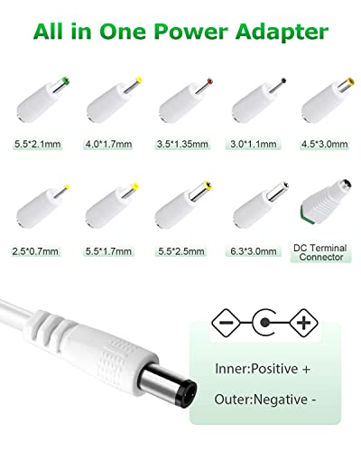 Arkare 12V 2A Power Supply 24W AC/DC Adapter Wall Charger Replacement Power Cord AC 100V-240V to DC 12Volt 2A 1.5A 1A Converter for Security Camera BT Speaker GPS Webcam Router Scanner w/10 White