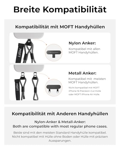 MOFT Handyband Universal mit Schnellverschluss, Handy Lanyard mit Verstellbarem Gurt & 2 Universellen Patches - Waschbar Haltbar Nylon Handykette, Tiefschwarz (1.5m)