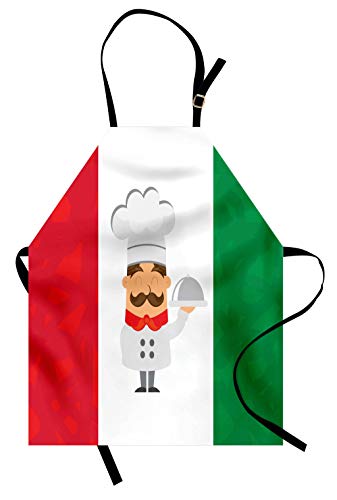 Lunarable Italian Flag Apron, Colorful Caricature Chef Smiling Cuisine Traditional Mediterranean Diet, Unisex Kitchen Bib with Adjustable Neck for Cooking Gardening, Adult Size, Green Red