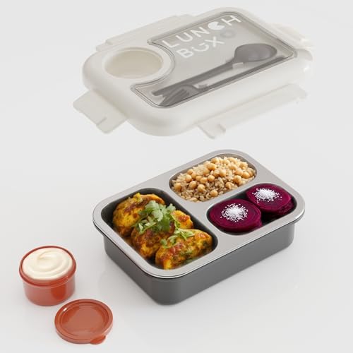 Image of Stainless Steel Lunch Box for Kids & Adults, 3 Compartment Bento Box with Spoon Fork, Leakproof BPA Free Tiffin for School Office College Travel (Grey)