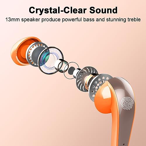 BESNOOW-Auriculares-Inalambricos-2023-Mini-Auriculares-Bluetooth-53-con-HD-Microfono-Cascos-Inalambricos-Sonido-Premium-Inmersivo-LED-Pantalla-40H-Control-Tactil-Wireless-Earbuds-Naranja