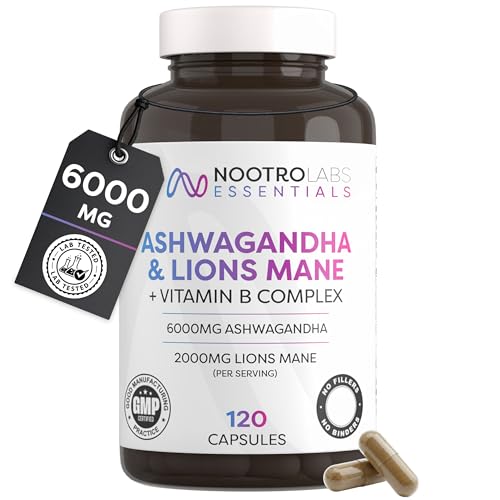 Nootro Essentials Ashwagandha & Lions Mane Capsules 6000mg High Strength Mushroom Supplement for Focus Calm & Stress Relief Support (60 Servings - 2 Capsules Daily 2 Month Supply)