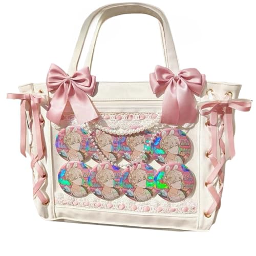 Image of Ribbon Ita Bag Pins Display Single Shoulder Crossbody Bag PU Leather Big Capacity Tote Bag with Zipper (White)
