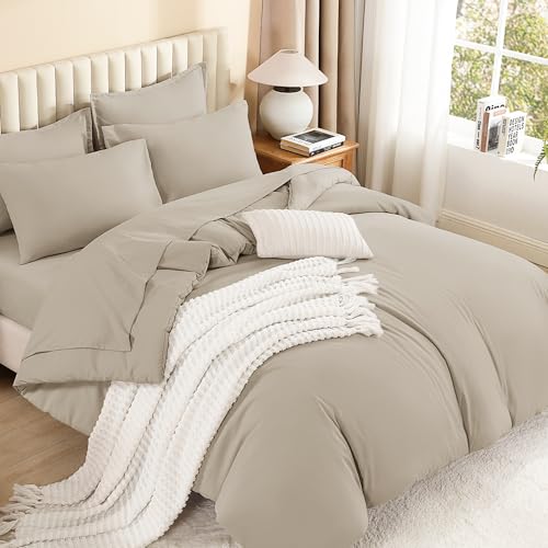 Litanika Oversized King Comforter Sets Oatmeal - 7 Pieces Bed in a Bag Oversized King Bedding Comforter Sets, Solid Lightweight Bed Set with Comforter, Sheets, Pillowcases & Shams