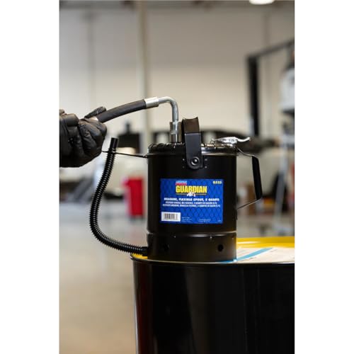 Lincoln G525 5 Quart Fluid Measuring Can, 14" Flexible Spout with Tapered Tip, Thumb Operated Control Valve, One Hand Operation, Rolled Top Edge, Recessed Bottom Drain, Black